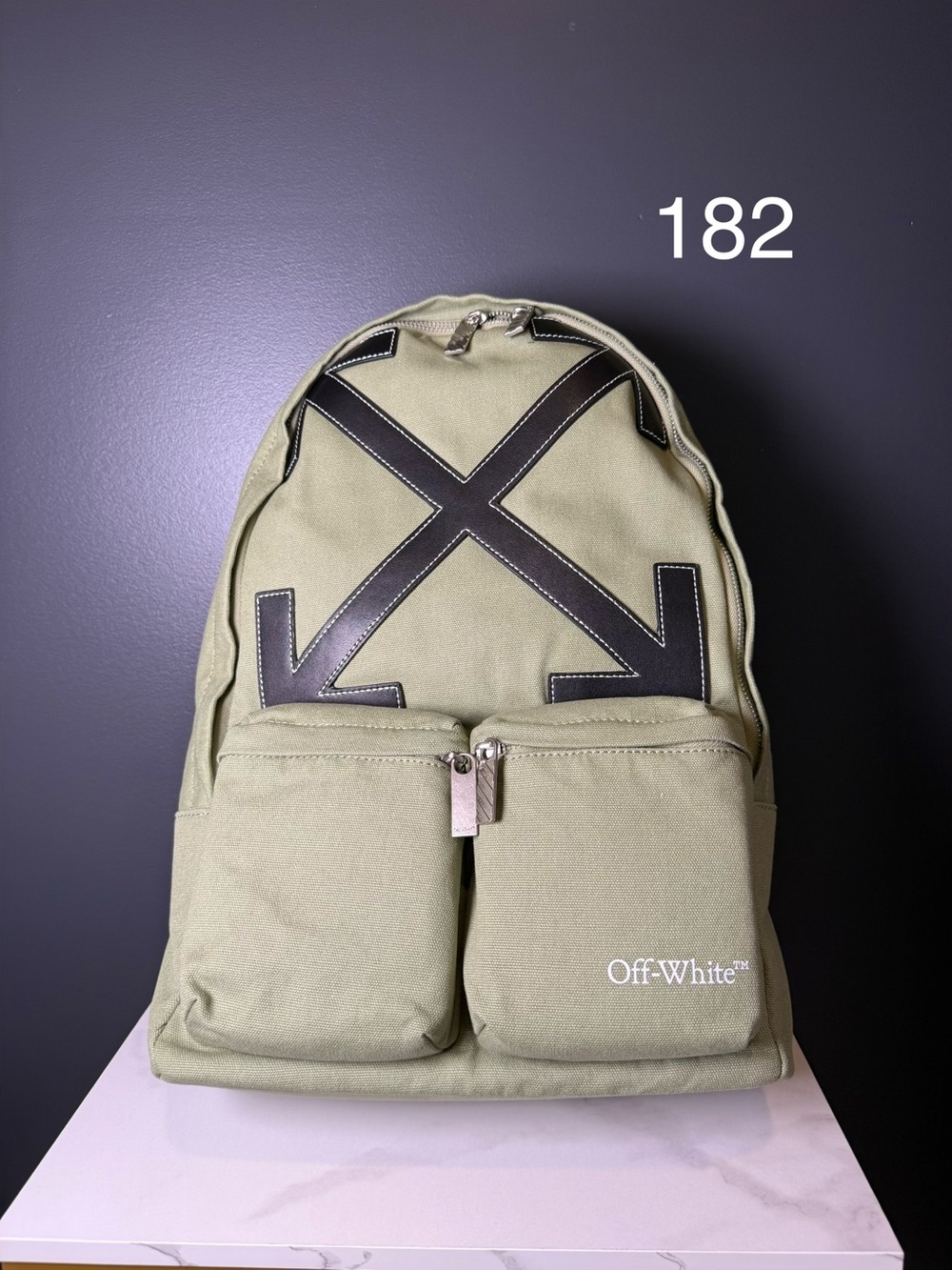 Off-White Olive Green Canvas Backpack with Black Arrow Detail
